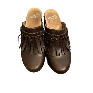 Dansko Brown Leather Mules with Fringe